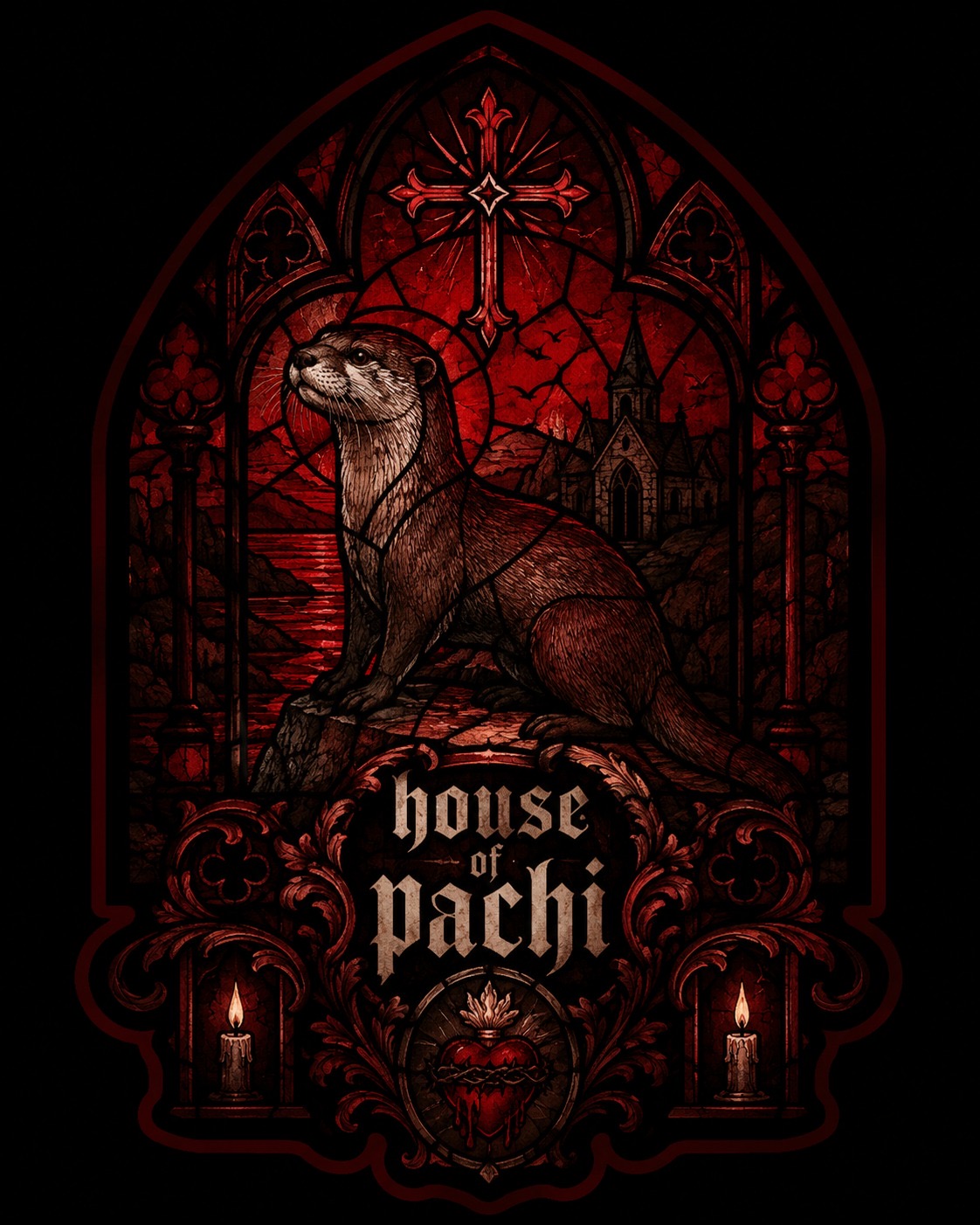 Crimson gothic emblem: an otter stands on a rock beneath a cross and a haloed arch, with a chapel on a cliff behind. Blackletter lettering below reads House of Pachi, flanked by lit candles above a sacred heart wreathed in thorns.