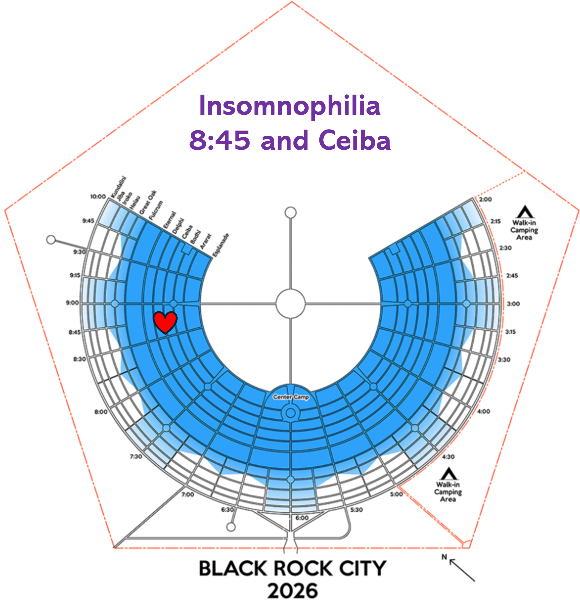 Map of Black Rock City 2026 showing the horseshoe of concentric streets from Esplanade outward — Ararat, Bodhi, Ceiba, Delphi, Eternal, Fulcrum, Great Oak, Heiau, Iroko, Jiba, Kundalini — with a red heart marking the camp on Ceiba at 8:45, between the 8:45 and 9:00 radials.
