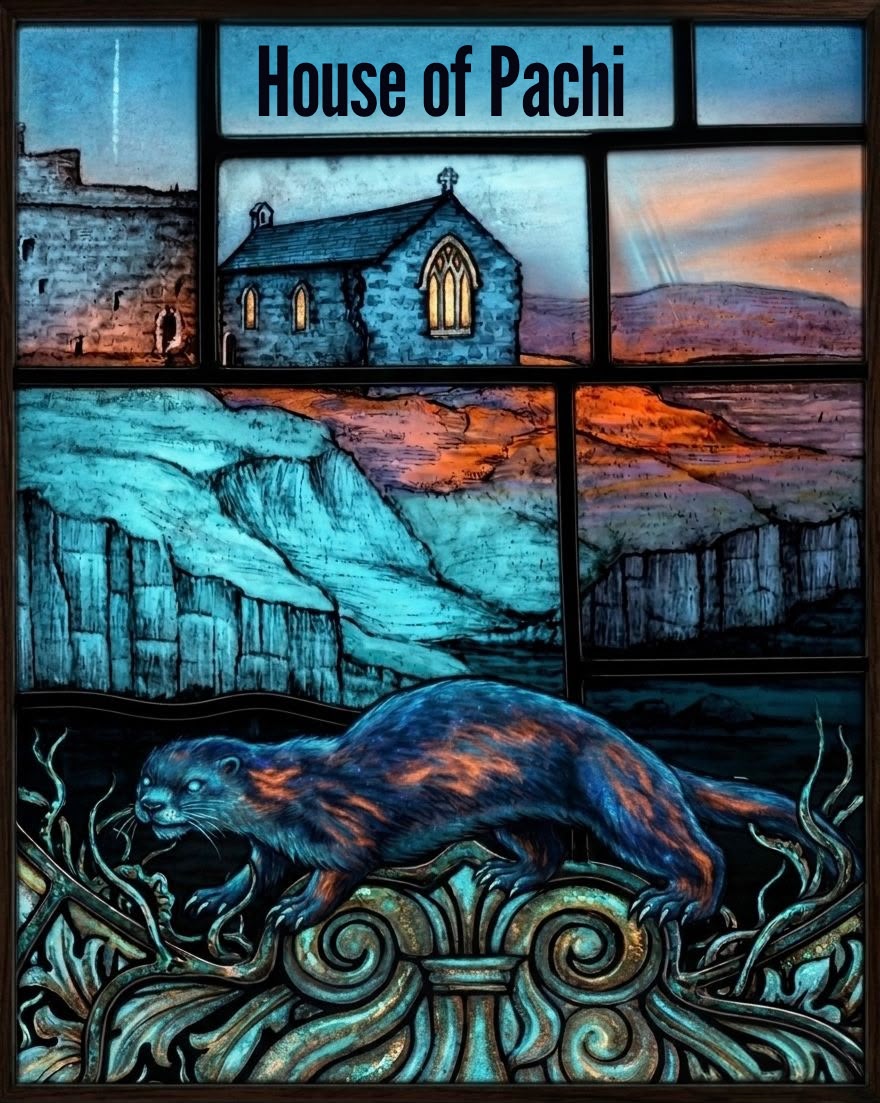 A stained-glass window titled House of Pachi. An otter stands on ornate ironwork among kelp fronds, beneath panels showing a stone chapel, sea cliffs, and a sunset over distant hills.