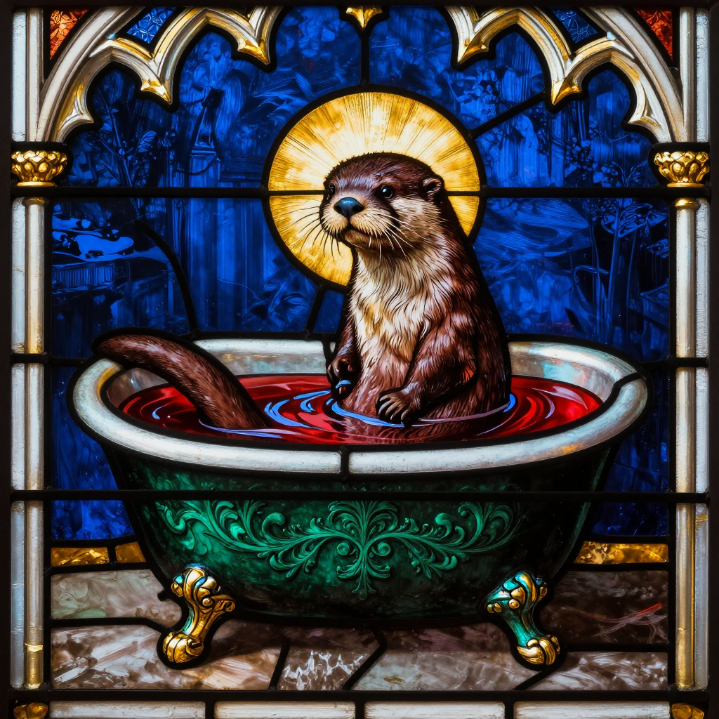 Stained-glass panel: a haloed otter sits upright in a green clawfoot bathtub filled with deep red liquid, beneath a gothic arch on a cobalt blue ground.