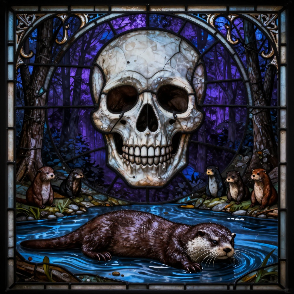Stained-glass panel: a pale skull fills a rose window above a dark violet forest. An otter lies still in blue water below, watched from the bank by five silent otters.