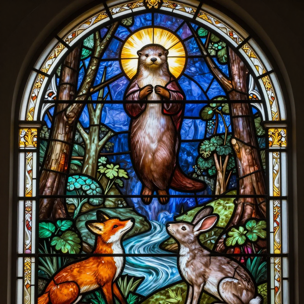 Stained-glass arched window: a haloed otter in red robes ascends above a forest stream, hands clasped, watched from below by a fox and a hare.